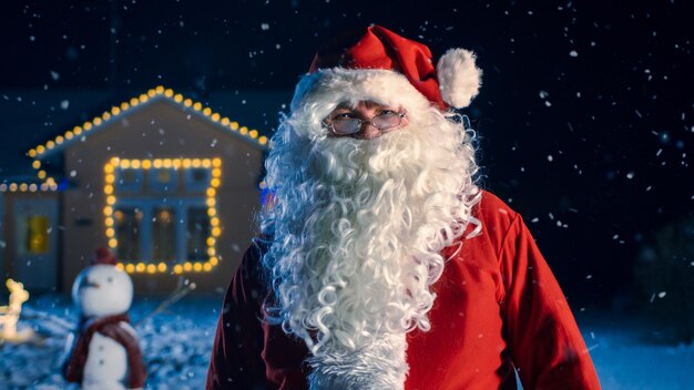 Foto ritratto dell'autentico babbo natale lui ride di cuore e annuisce pronto per la vigilia di capodanno portando gioia doni e regali a tutti nella casa sullo sfondo decorata per natale