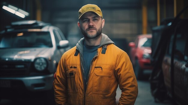 Portrait auto mechanic on the background of a car