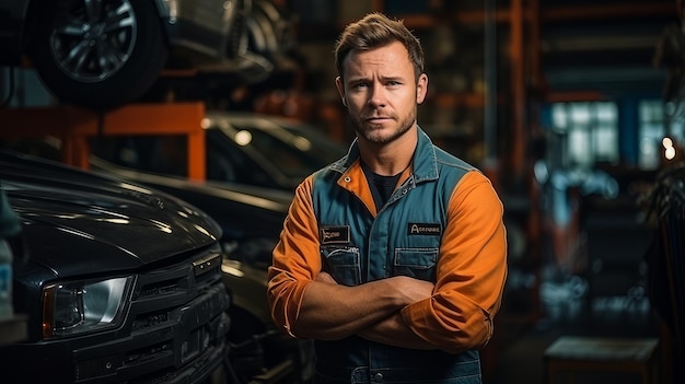 Portrait auto mechanic on the background of a car