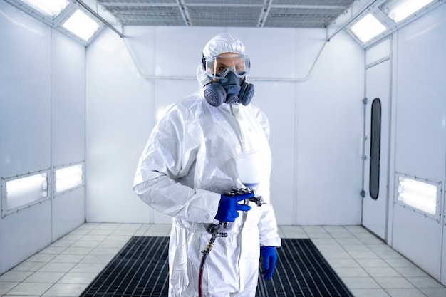 Ritratto di pittore automobilistico in piedi nella camera di vernice officina tenendo la pistola di verniciatura.