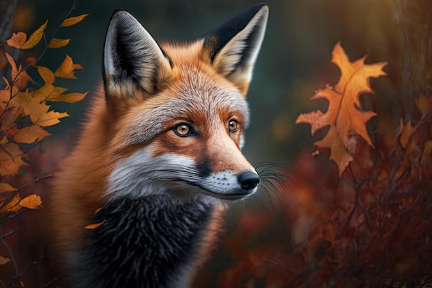 Portrait of an autumn red fox in the forest