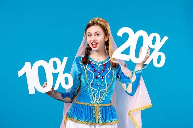 portrait of azeri woman in traditional dress with 10 and 20 percent discount