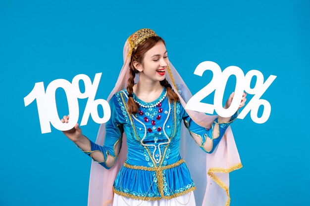 portrait of azeri woman in traditional dress with 10 and 20 percent discount