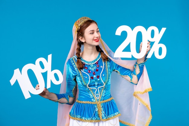 portrait of azeri woman in traditional dress with 10 and 20 percent discount