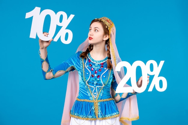 portrait of azeri woman in traditional dress with 10 and 20 percent discount