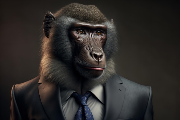 Портрет бабуина, одетого в строгий деловой костюм Генеративный ИИ