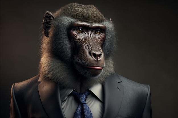 Portrait of a baboon dressed in a formal business suit generative ai