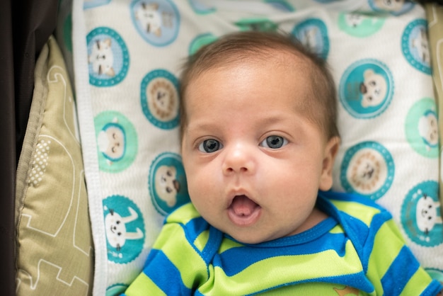 Portrait of baby in baby stroller