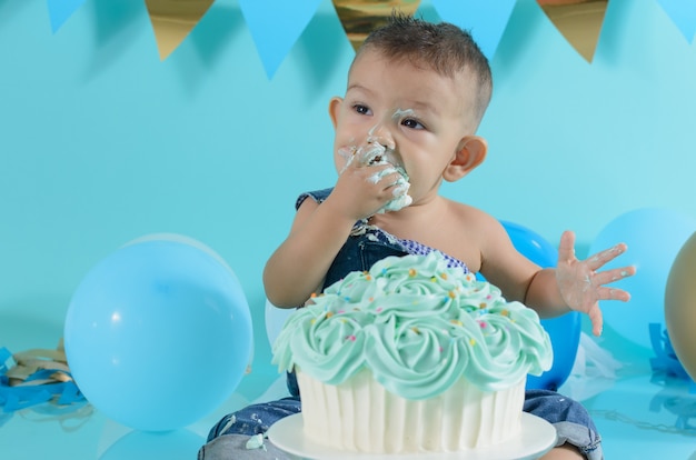 Portrait of baby celebrating his birthday Smash cake session