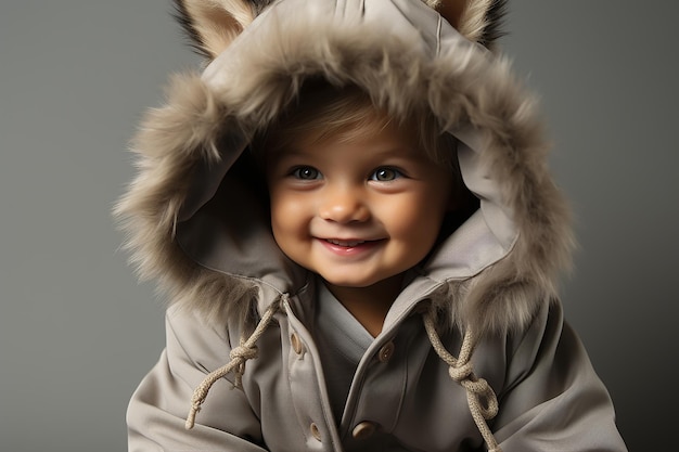 孤立した背景にオオカミの衣装を着た赤ちゃんの肖像画