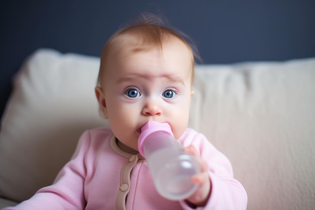 Portrait of a baby girl drinking her bottle created with generative ai