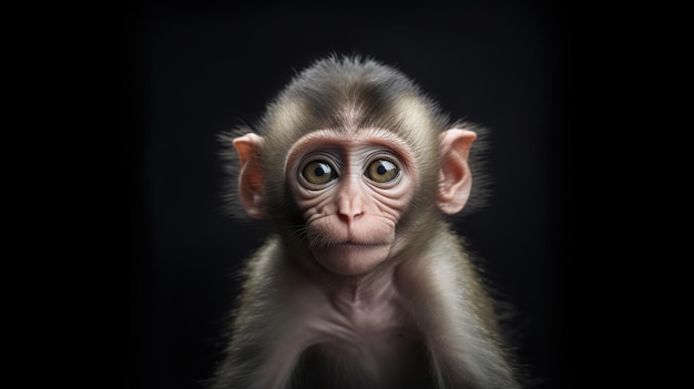 Portrait of a baby monkey on black background Generative AI