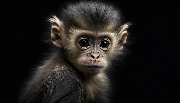 Portrait of a baby monkey on a black background generative ai