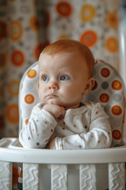 Foto ritratto di un bambino seduto sulla sedia alta pronto a iniziare a mangiare mentre guarda da parte