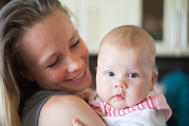 Portrait of baby with mother at home