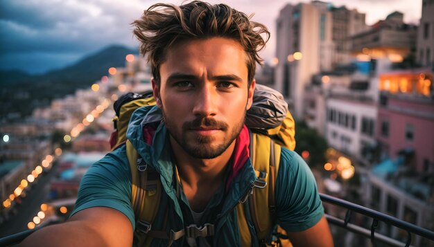 Portrait of backpacker traveler taking selfie with beautiful exotic scenery in the background