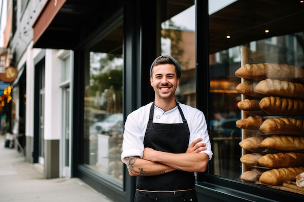 Portrait baker man standing outside bakery shop