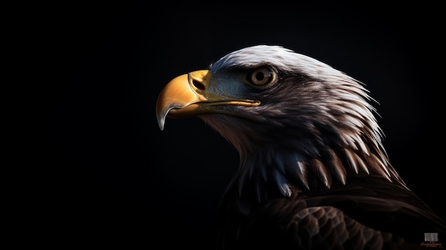 A portrait of a bald eagle with a black background.