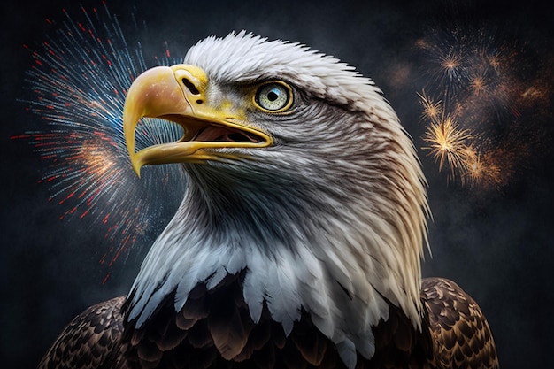 A portrait of a bald eagle with fireworks in the background