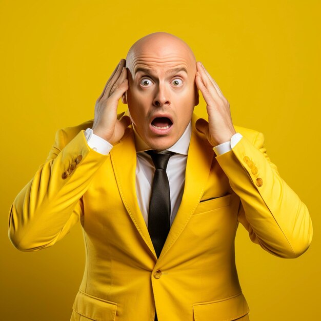 Portrait bald man hands on head shocked wearing a yellow suit jacket on yellow background