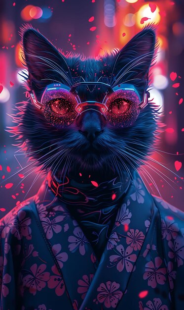 Portrait of balinese cat with a cybernetic tail and a futuristic kimono cyber poster banner flyer