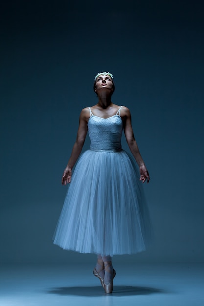 Portrait of the ballerina on blue background