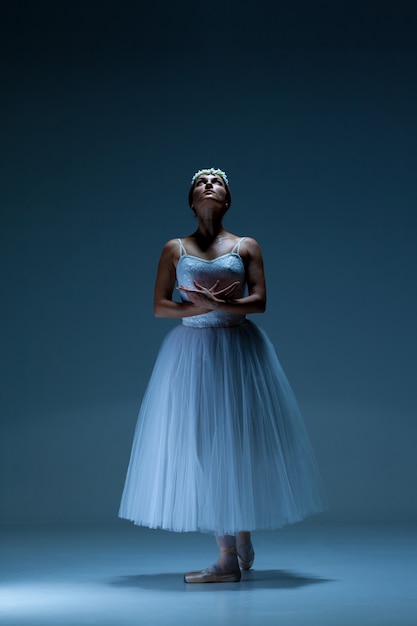 Portrait of the ballerina on blue background