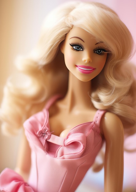 Portrait of barbie doll pink blonde girl on light pink background pretty women