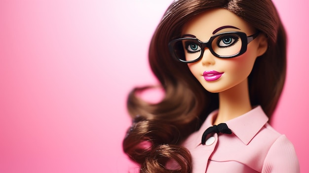 Portrait of Barbie doll with brown hair and glassess against pink background