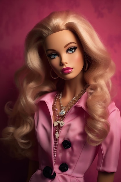 Photo a portrait of a barbie with a pink shirt and a necklace.