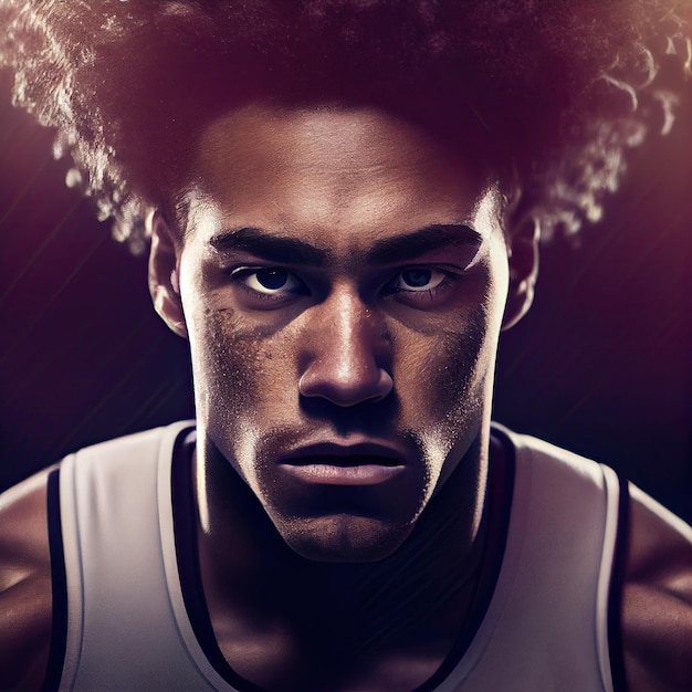 A portrait of a basketball player with an afro