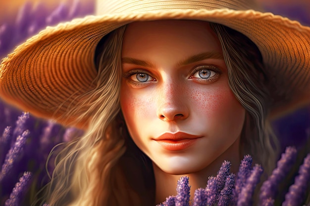 Portrait of beaful girl in wicker hat on fragrant lavanda field