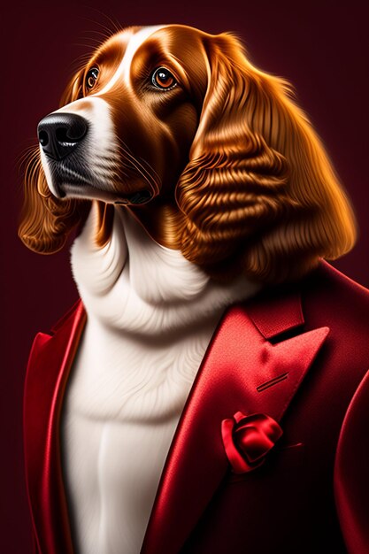 A portrait of a beagle wearing a tuxedo