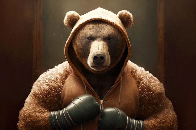 Portrait of bear in a tracksuit and boxing gloves around his neck generative ai