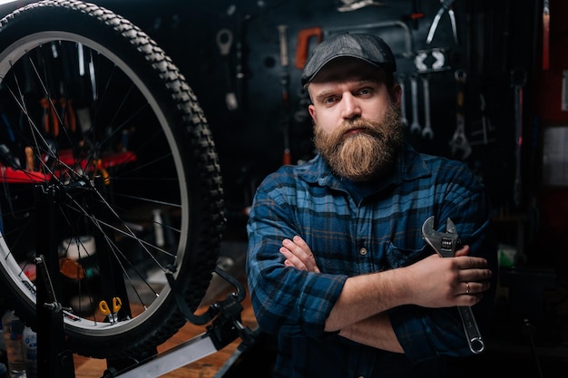 Portrait of bearded cycling mechanic male holding wrench in hand standing by bicycle in repair workshop with dark interior looking at camera