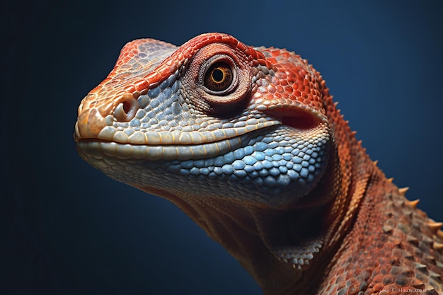 Portrait of a bearded dragon on a blue background closeup