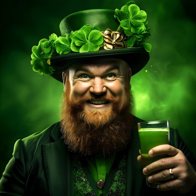 Portrait of a bearded fat man in a green top hat celebrating Patricks Day with green beer