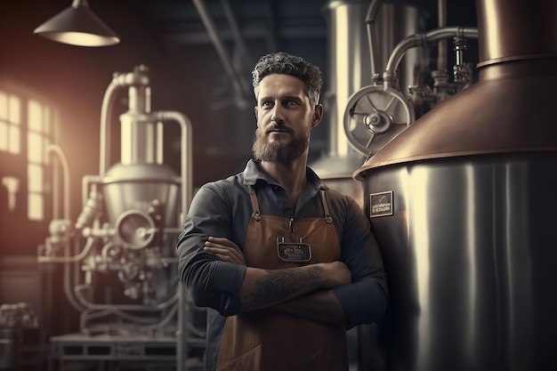 Портрет бородатого мужчины-пивовара в интерьере современного пивоваренного завода Generative AI