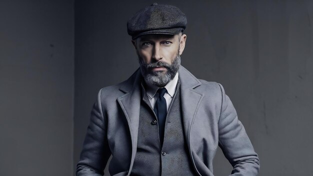 Portrait of bearded male dressed in a grey jacket and a hat isolated on grey background