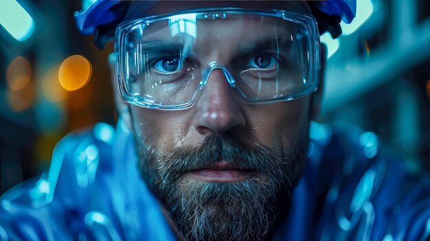 Portrait of a bearded man in a construction helmet and glasses