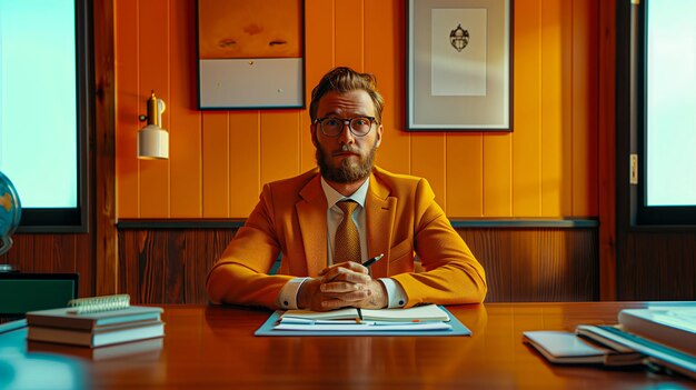 Portrait of a bearded man in an orange suit and glasses sitting at a wooden table in the office