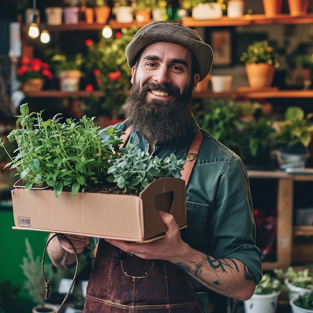 新鮮な植物の箱を握っている小規模なビジネス労働者のひげの男の肖像画と微笑むAi generative