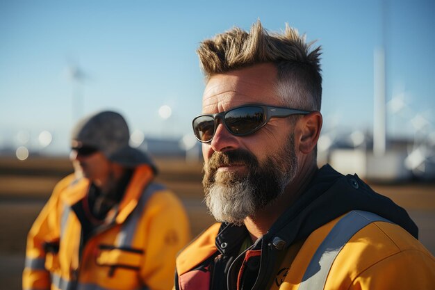 Portrait of a bearded man in sunglasses on the background of wind turbines ia generated