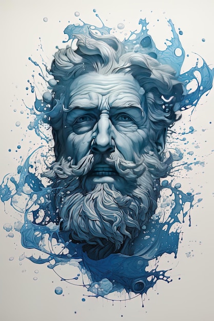 a portrait of a bearded man with a beard and blue water splashes