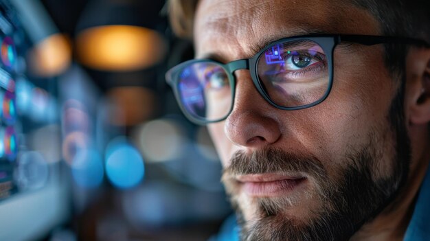 Photo portrait of a bearded man with glasses and a beard in a cafe