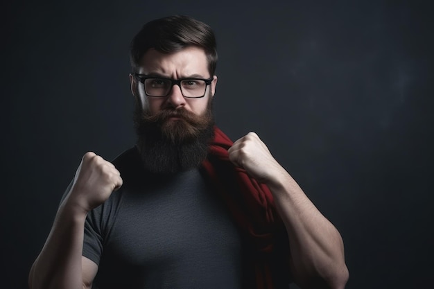 Portrait of a bearded man with a red scarf on a black background