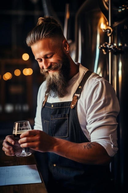 portrait of a bearded man working in a brewery and checking quality of the craft beer brewery owner