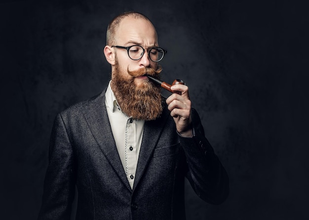 Portrait of bearded redhead English male smoking pipe over grey background.