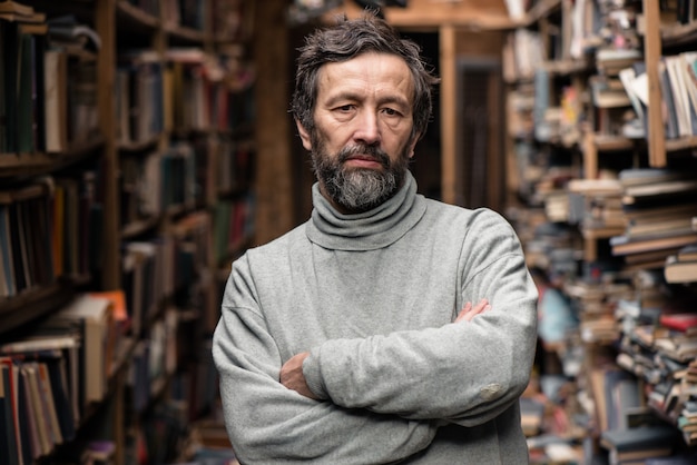 Ritratto dell'uomo senior autentico triste barbuto che esamina macchina fotografica in biblioteca