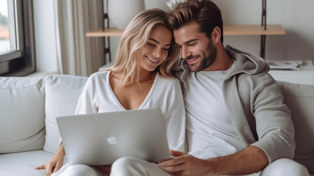 Portrait of beautiful adult blond woman in white shirt sitting on a sofa with young Generative AI